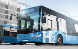 Image of hydrogen-powered bus reflecting hydrogen development in California.